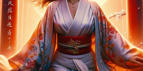 A strong yet vulnerable woman stands amidst cherry blossoms, embodying longing and emotion in a serene Japanese landscape.