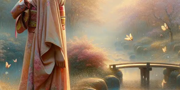 A young woman in a kimono stands by a tranquil pond in a cherry blossom garden at dawn.