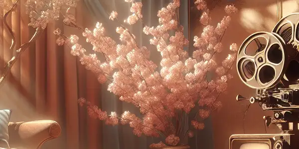 A serene room with vintage film reels, a projector, and a partially drawn velvet curtain, suggesting intimacy and allure.