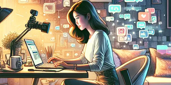 A modern Asian woman in a cozy home office creates private adult content on her laptop, surrounded by creative tools.