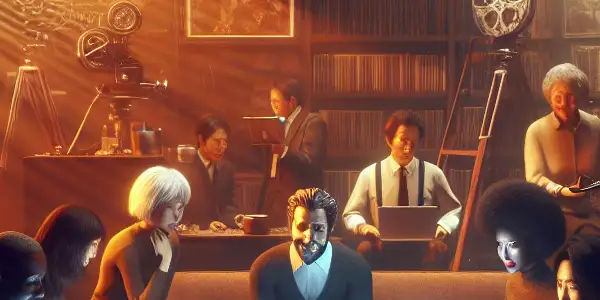 A cozy room filled with vintage film reels, where diverse individuals discuss exclusive Japanese adult films.