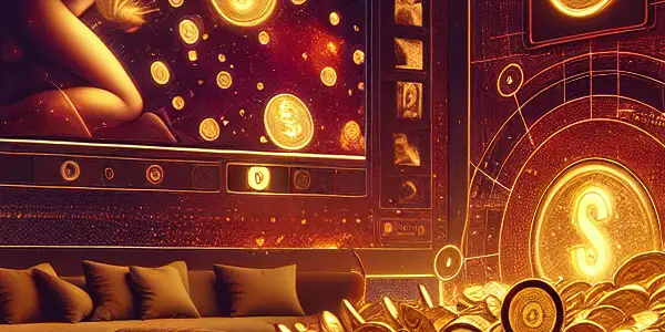 A digital wallet overflowing with gold coins in a cozy, dimly lit room showcasing adult entertainment on a large screen.<a href=