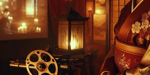 A softly lit room with a kimono-clad figure, vintage projector, and intimate, warm colors creating a sensual atmosphere.