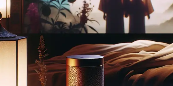 A luxurious bedroom scene featuring intimacy enhancement products and a softly blurred projection of couples exploring passion.