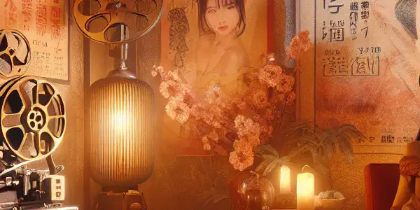 A nostalgic vintage film set featuring playful characters, retro posters, and warm lighting, evoking intimacy and allure.