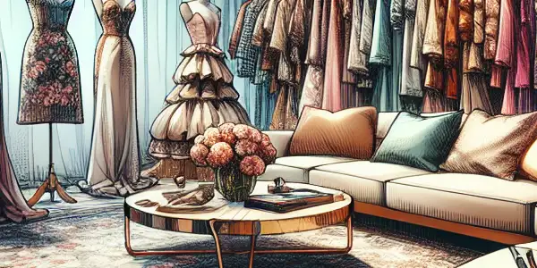 A luxurious viewing room featuring elegant garments and a high-definition screen displaying vibrant imagery from Japanese adult films.