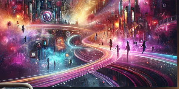 A futuristic living room with a large screen displaying abstract adult film genres, featuring plush furniture and ambient lighting.