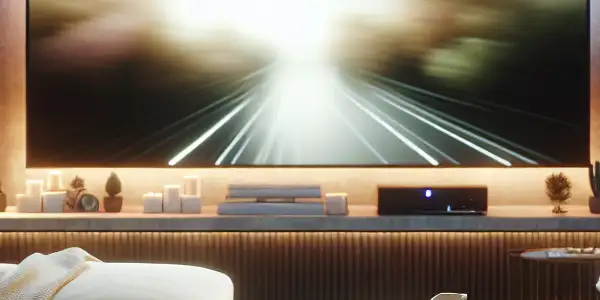 A cozy, modern living room with a flat-screen TV, cleaning supplies, and a relaxed atmosphere for adult film viewing.<a href=