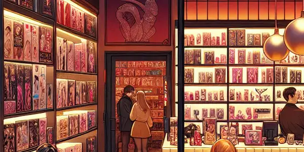 A modern adult toy store with vibrant displays, cozy seating, and a welcoming atmosphere for exploration.