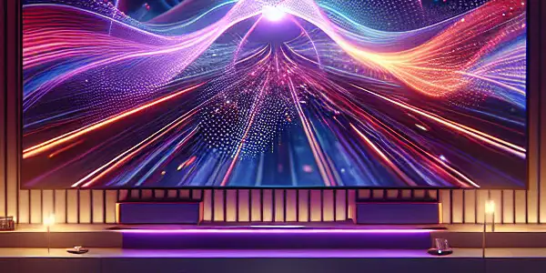 A cozy modern living room with a large screen displaying vibrant abstract visuals, evoking a seamless adult viewing experience.