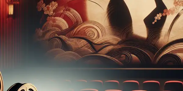 A vintage cinema scene with plush red seats, a film projector, and abstract silhouettes, blending classic adult film themes with Japanese culture.