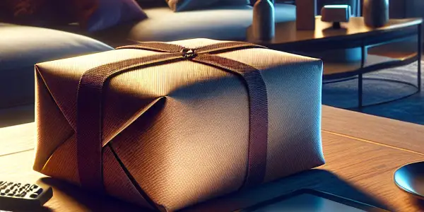 A discreet brown package on a stylish table in a cozy living room, symbolizing privacy in adult content delivery.