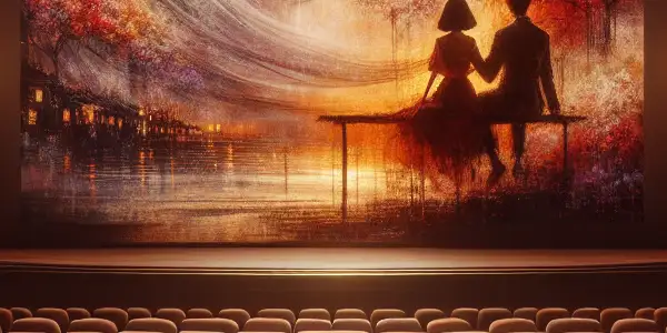 A couple shares an intimate moment in a dimly-lit theater, watching a passionate love story on screen.