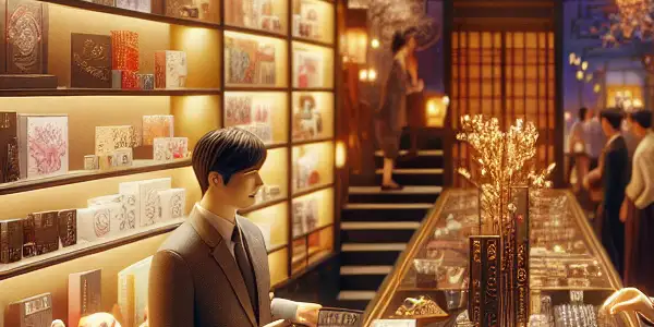 A vibrant, inviting high-end adult toy store inspired by Japanese AV culture, featuring diverse products and a welcoming atmosphere.