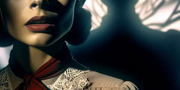 A tense, dimly lit room featuring a striking woman embodying allure and fear, with hints of voyeurism and danger.