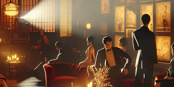 A sophisticated, dimly lit room with elegantly dressed figures and a vintage film projector, evoking the allure of adult entertainment.
