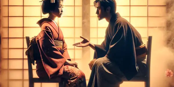A dramatic scene featuring characters in traditional and modern attire on a vintage Japanese film set.