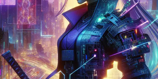 A powerful female character stands in a futuristic cyberpunk cityscape, surrounded by holographic displays and neon lights.