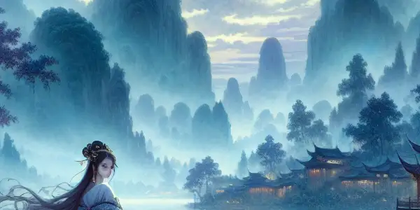 A serene twilight scene featuring Bai Suzhen in a white dress gazing at Xu Xian across a tranquil river.