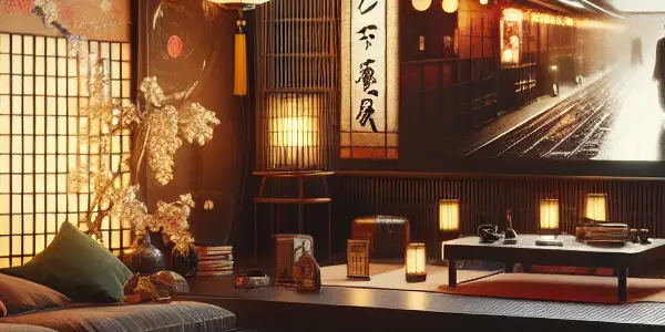 A cozy Japanese living room featuring film reels, a blurred AV screen, and a 'Do Not Disturb' sign.