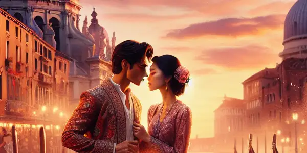 A romantic sunset scene in Venice with a couple embracing on a gondola amidst elegant architecture and cherry blossoms.