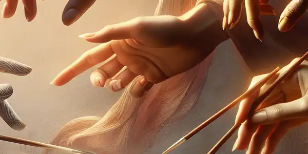 Elegant hands in intricate movements, conveying intimacy and skill, set against a warm, inviting background with cherry blossom motifs.