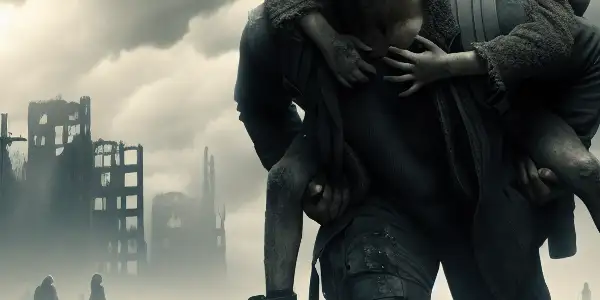 A father carries his frightened daughter through a desolate, post-apocalyptic landscape, surrounded by shadows of danger.