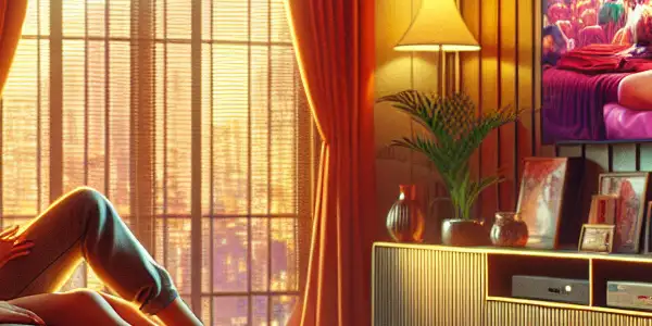 A cozy living room scene with a couple enjoying a vibrant adult film on a large television.